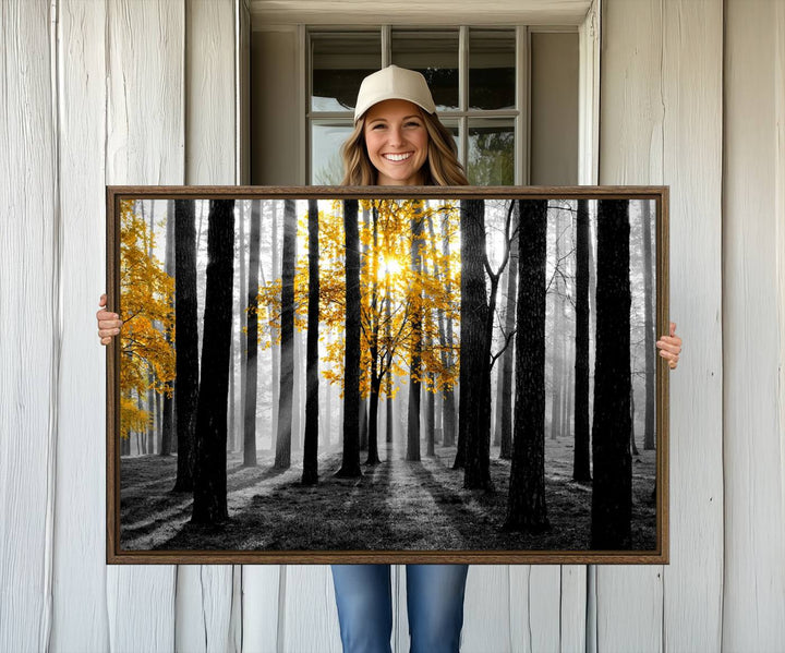 Nature Misty Foggy Autumn Forest Wall Art Print displayed above a modern dining room.