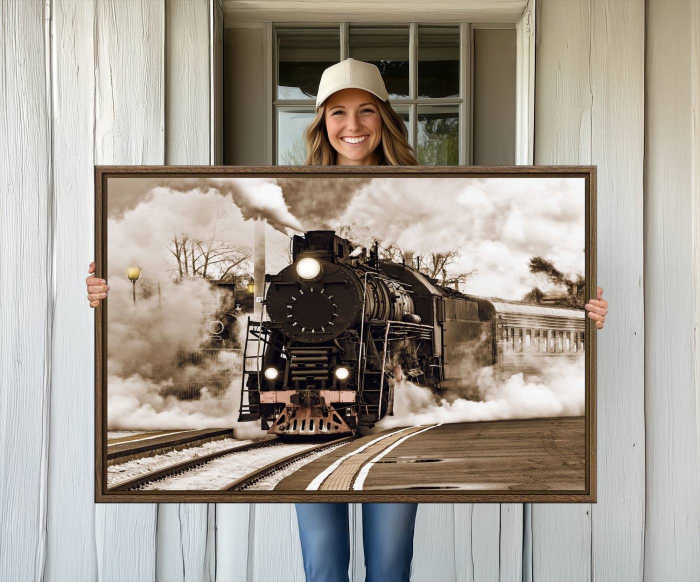 31136-MGV-CV-36X24-Black Steam Train Canvas Wall Art Print Steam Locomotive Art Canvas