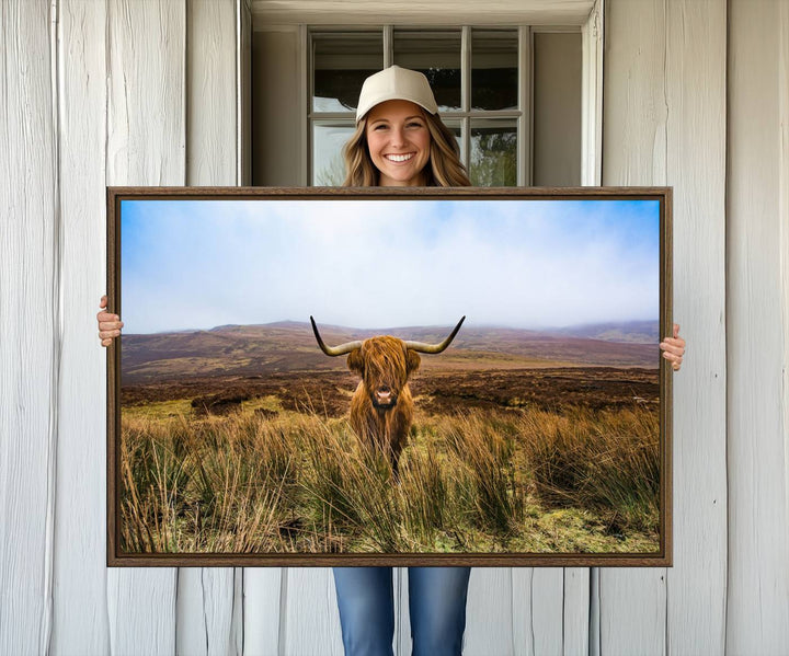 A Scottish Highland Cow art print canvas with UV-protection adorns the wall, preserving vivid details.