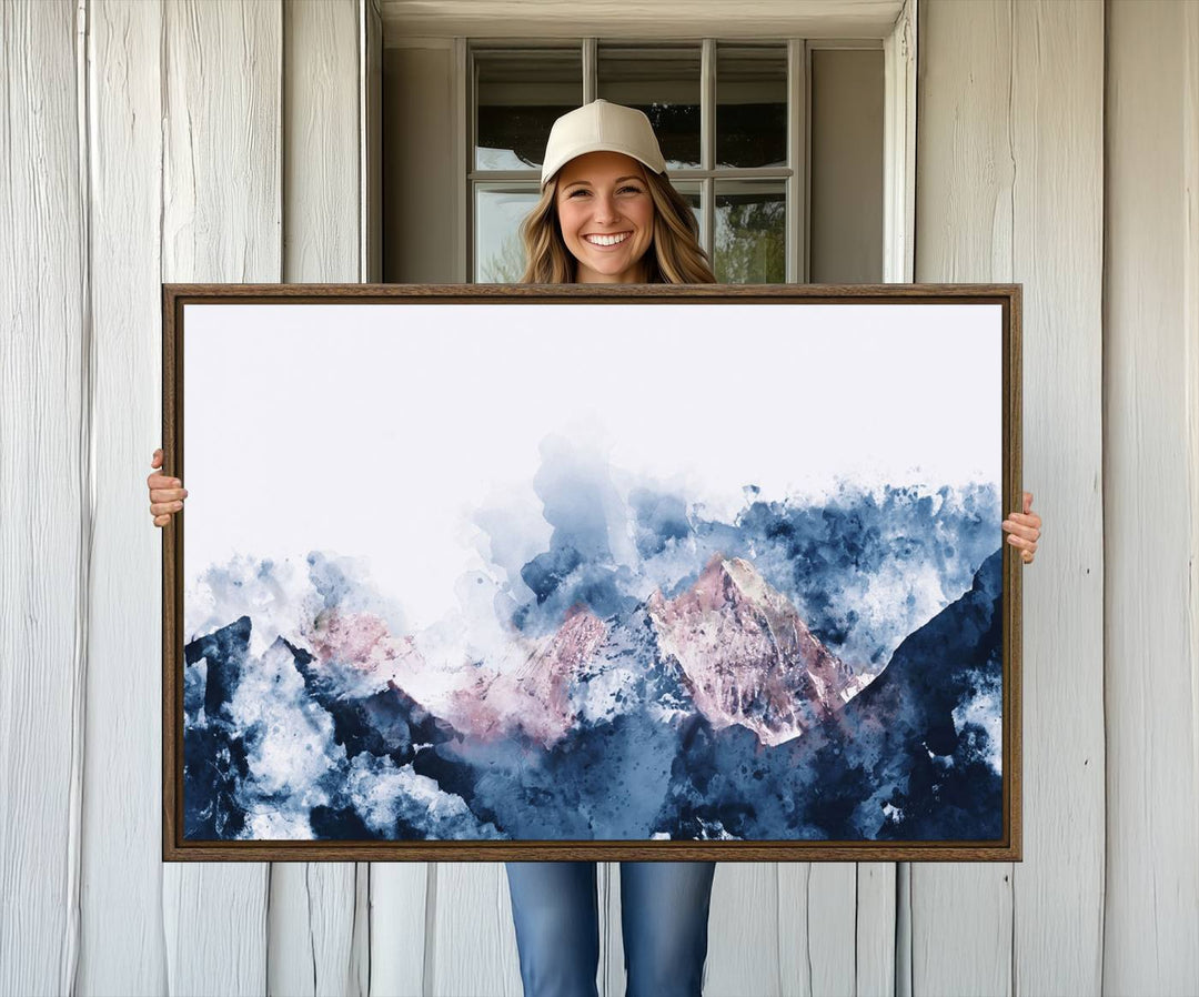 A modern kitchen showcases an Abstract Watercolor Mountain Landscape Art Canvas Print.