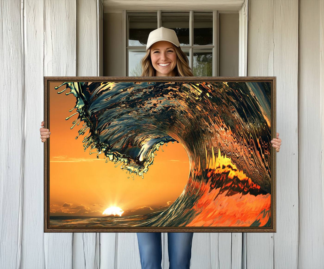 The Ocean Wave With Perfect Sunset canvas wall art adds a striking focal point to the room.