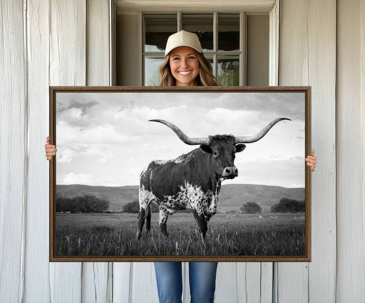 A Black and White Longhorn Texas Cow Canvas Wall Art.