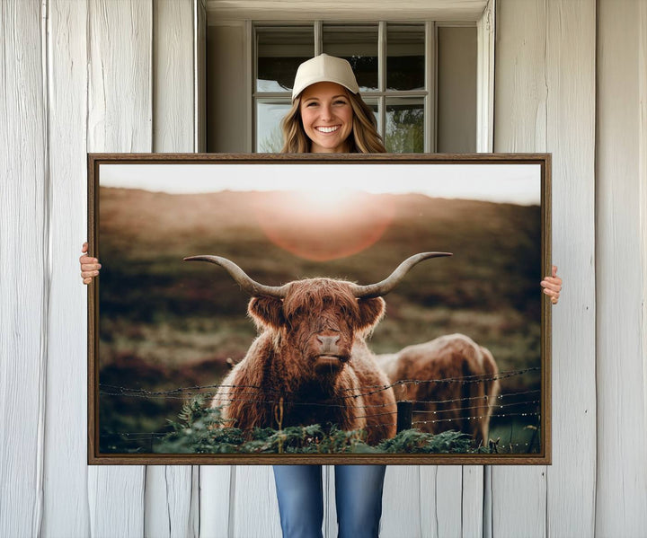 A Highland Cow Animal Canvas Wall Art, featuring a grassy field, is displayed on the wall.