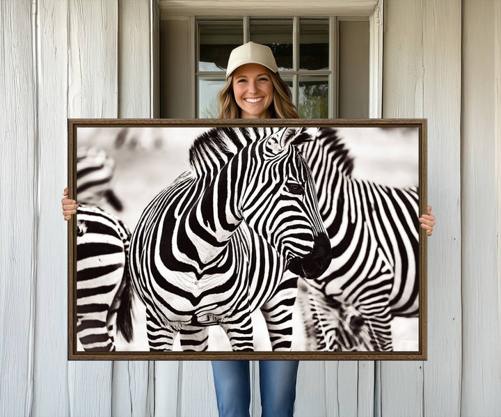 The Brilliant Zebra Photography Art Canvas Print hangs prominently on the wall.