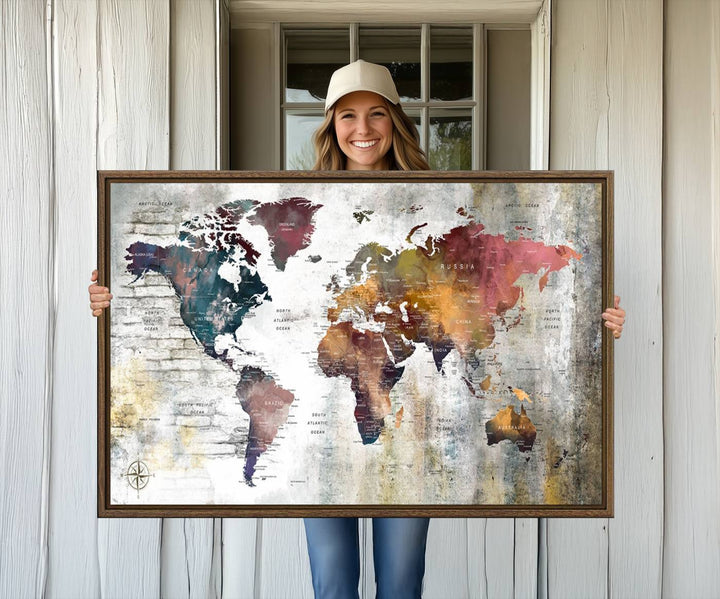 World Map Wall Art Triptych | 3-Panel Canvas Print Featuring Antique Style Map for Living Room, Office, Study, or Home Decor | Vintage Map Wall Art