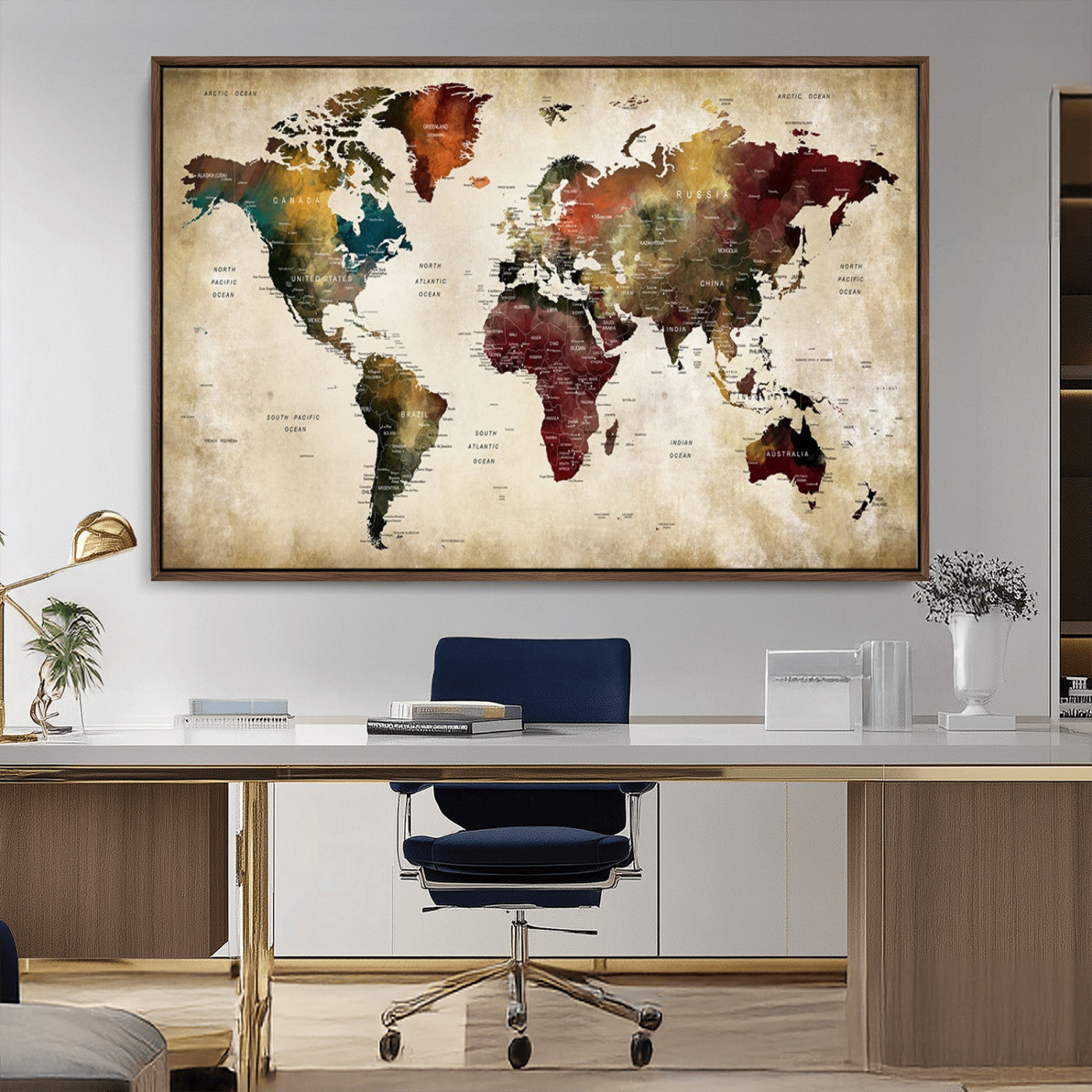 MGV-FC-36X24 - Large World Map Wall Art Canvas Print, Framed Push Pin Map Art Picture Print, Abstract Traveller Map Perfect Modern Decor Artwork