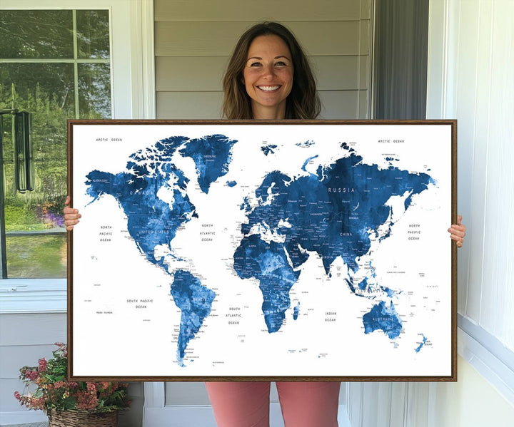 Navy Blue Wall Art World Map Canvas Print, an ideal piece for anyone seeking unique home or office decor.