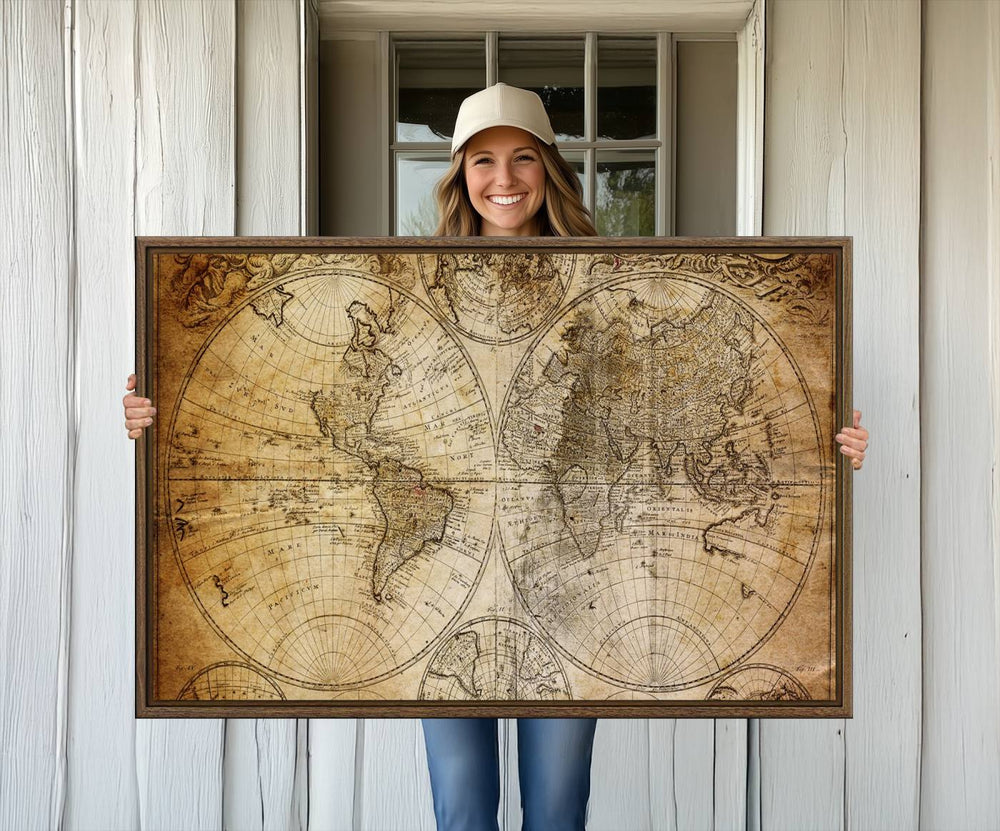 An Old Vintage World Map 3-panel canvas print adds charm to the space.