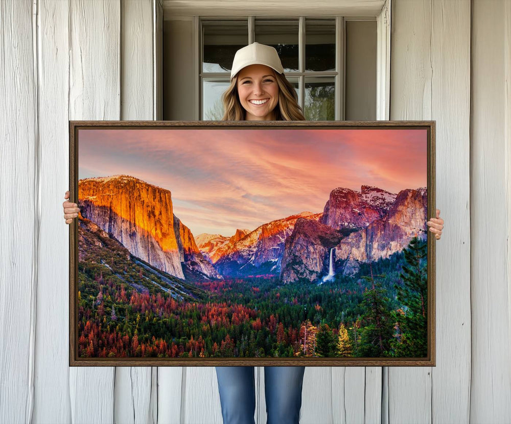 An El Capitan Yosemite Canvas showcasing a sunset over a mountain valley.