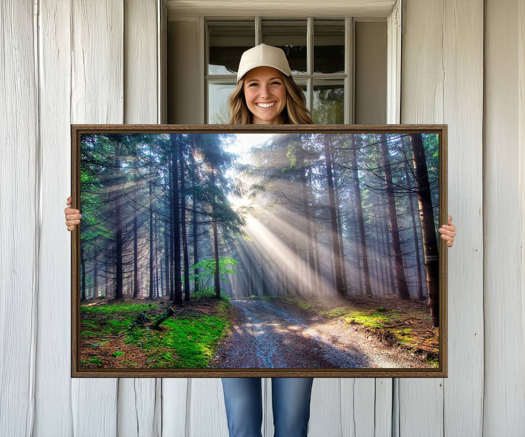 The dining area features a 3-panel Forest Path Canvas showcasing sun rays filtering through a misty forest.