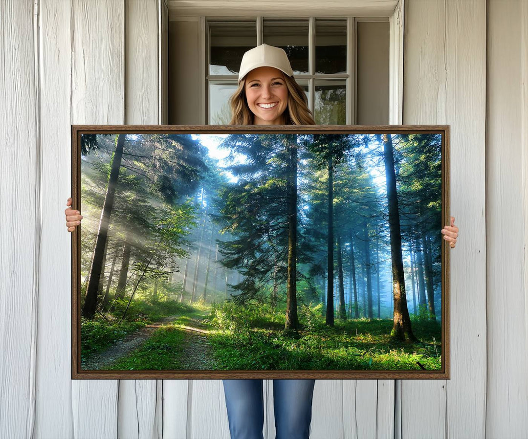 Enhancing the space is the Forest Sun Shine wall art canvas print, showcasing a serene forest scene.