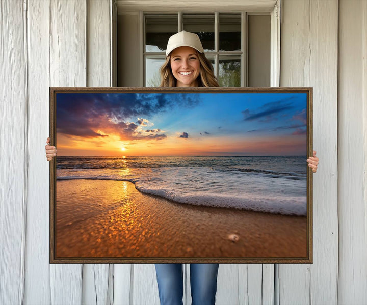 The Golden Sunset Beach Waves Triptych adds a modern coastal touch with its stunning seascape.