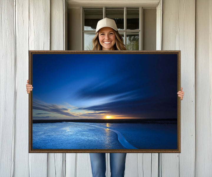 Modern decor: Deep Blue Ocean Sunset Triptych for a serene coastal vibe.