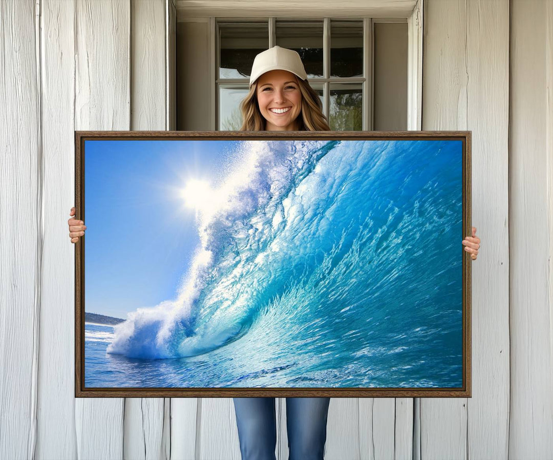 The Blue Big Wave Surfing Ocean Canvas adds a coastal vibe to a wooden wall.