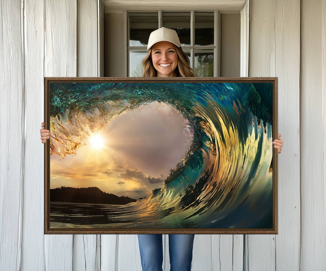 A Golden Wave Sunset Giclee hangs above, showcasing colorful ocean wave art.