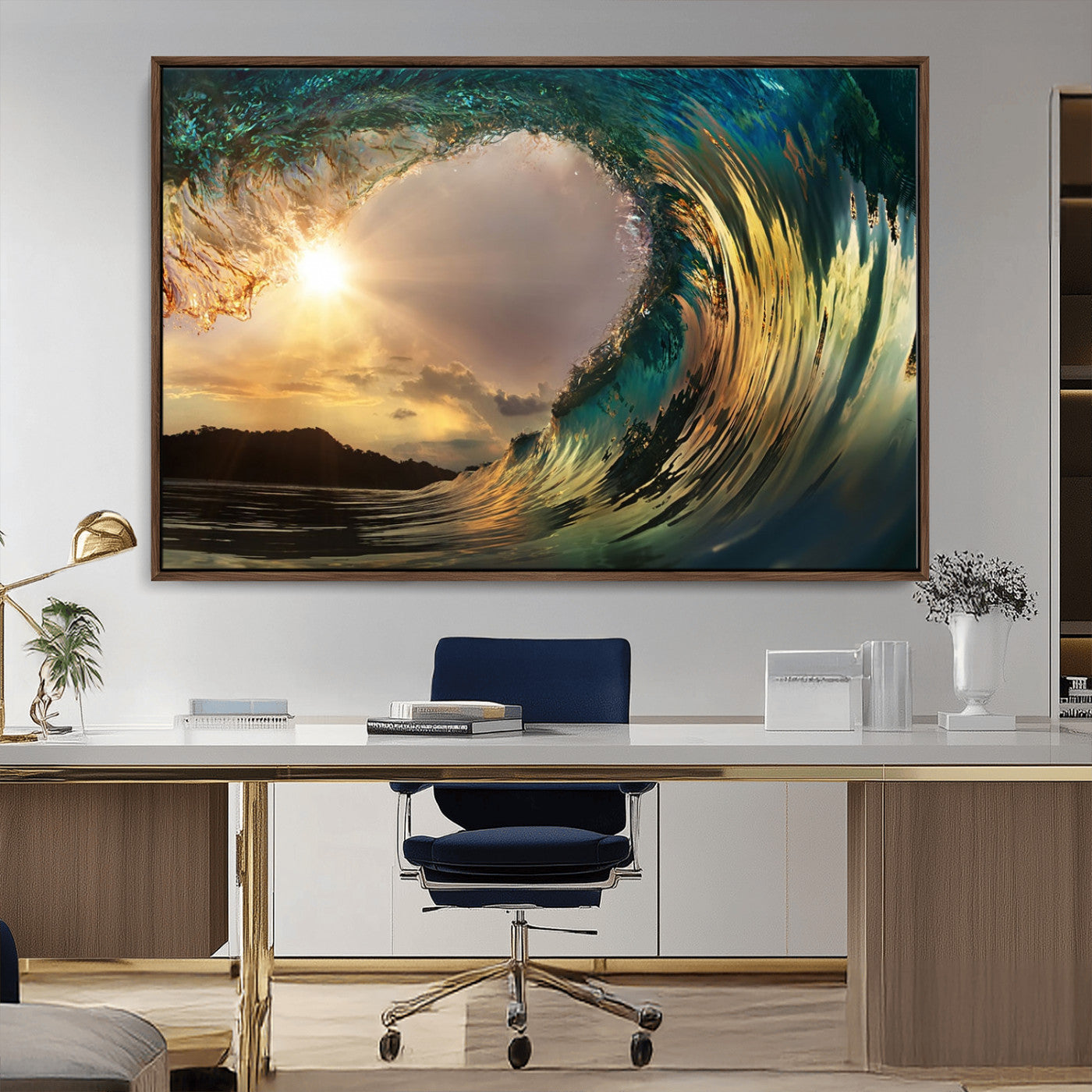 MGV-FC-36X24 - Golden Wave Sunset Giclee Canvas Print – Large Coastal Wall Art for Nature Lovers, Captivating Ocean Wave Decor