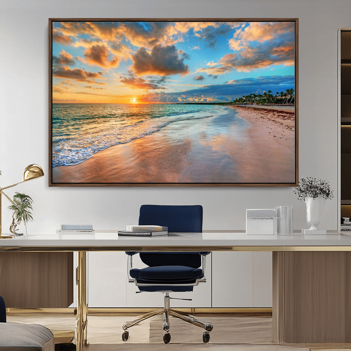 MGV-FC-36X24 - Sunset Ocean Waves on Tropical Beach, 3-Panel Giclee Canvas Art for Coastal Home Decor, Vibrant Palm-Lined Shore