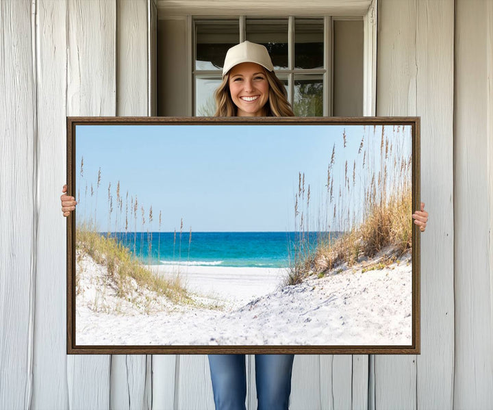 Serene Coastal Dune Path with Ocean View, 3-Panel Beach Canvas Art; tranquil seascape for coastal decor.