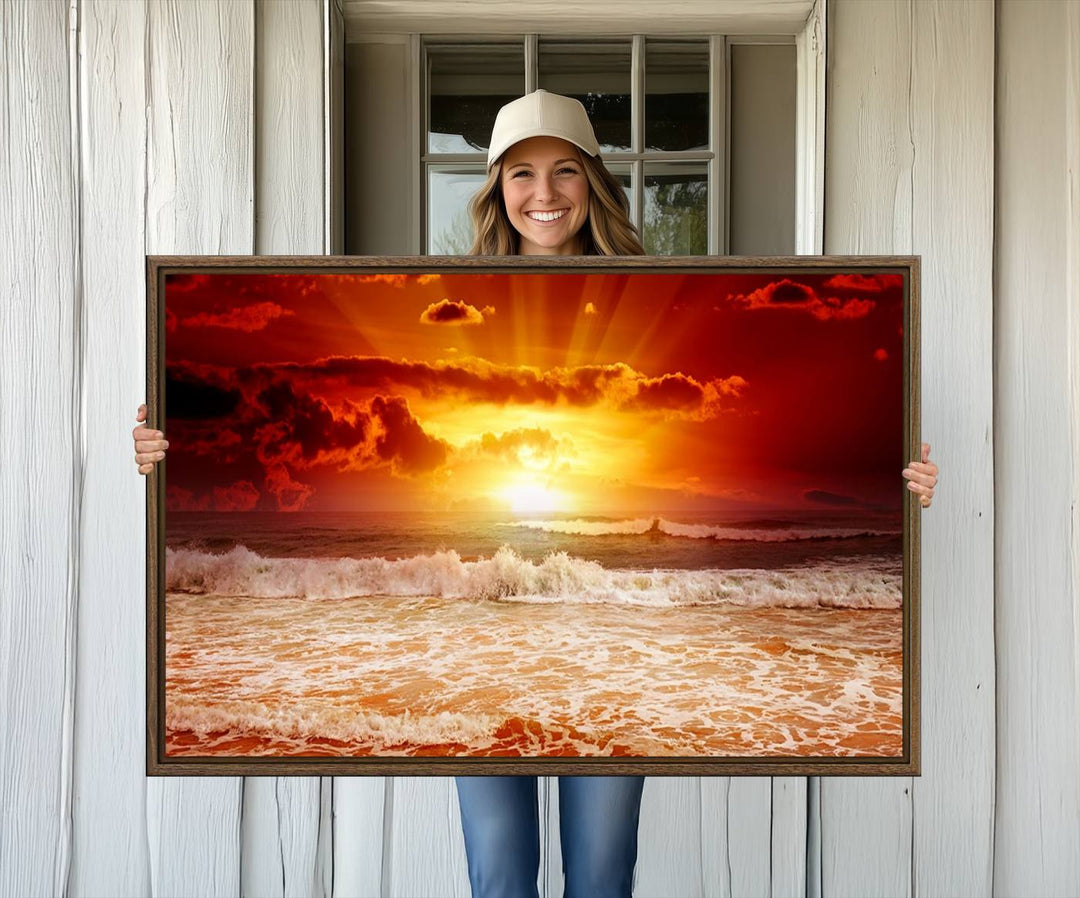 The Red Sunset Ocean Beach Canvas depicts ocean waves.