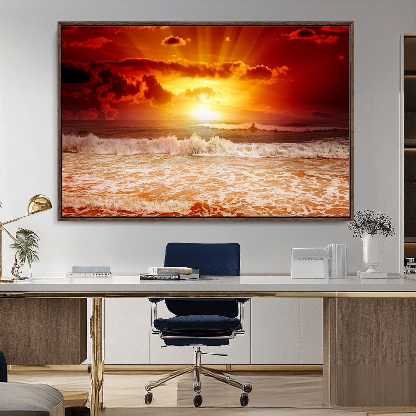 MGV-FC-36X24 - Red Sunset Ocean Beach Canvas Wall Art Beach Canvas, Coastal Sunset Print