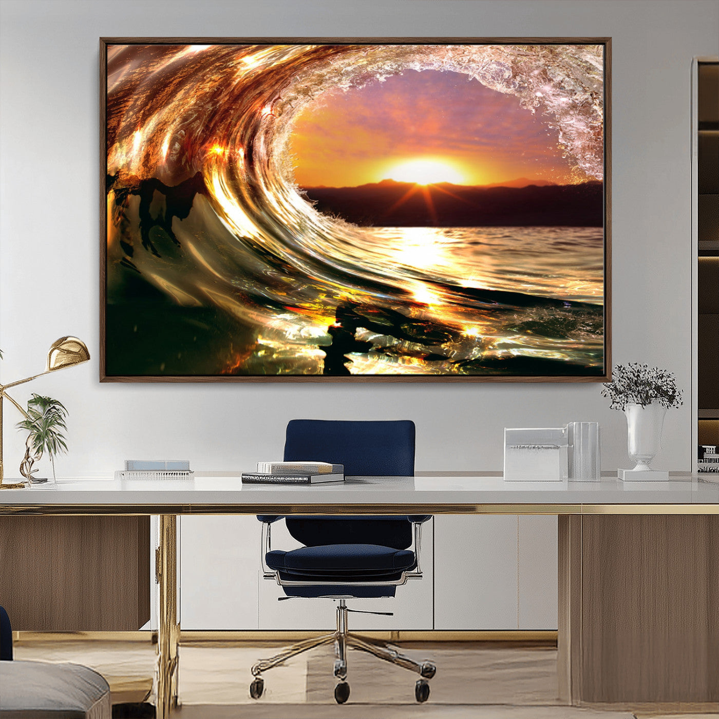 MGV-FC-36X24 - Golden Wave Sunset Triptych Canvas Art, Giclee Canvas Print of Ocean Wave and Sunset, Framed Ocean