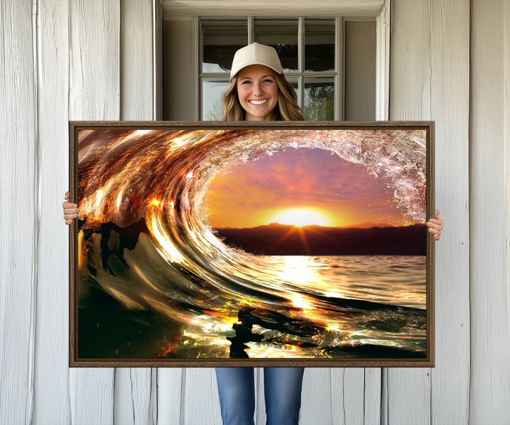 The Golden Wave Sunset Triptych Canvas Art showcases an ocean wave at sunset, casting warm light.