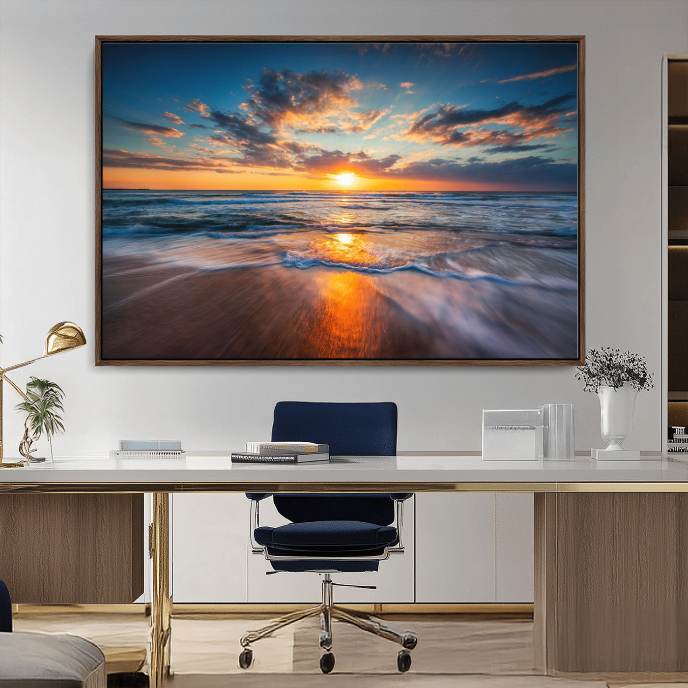 MGV-FC-36X24 - Sunset on the Ocean Beach with Waves, Reflections on Sand, Coastal Wall Art Print, Beach Wall Art,
