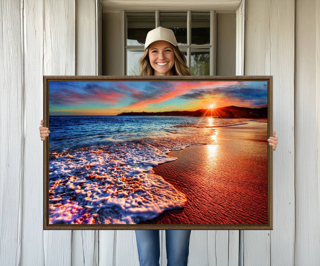 The Colorful Coastal Sunset on the Beach canvas print portrays ocean waves at dusk.