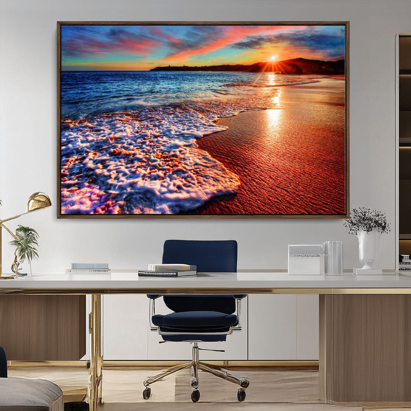 MGV-FC-36X24 - Colorful Coastal Sunset on the Beach Canvas Print, Ocean Waves Crashing at Dusk, Multi-Panel Seascape Vibrant Coastal Wall Art Canvas Print