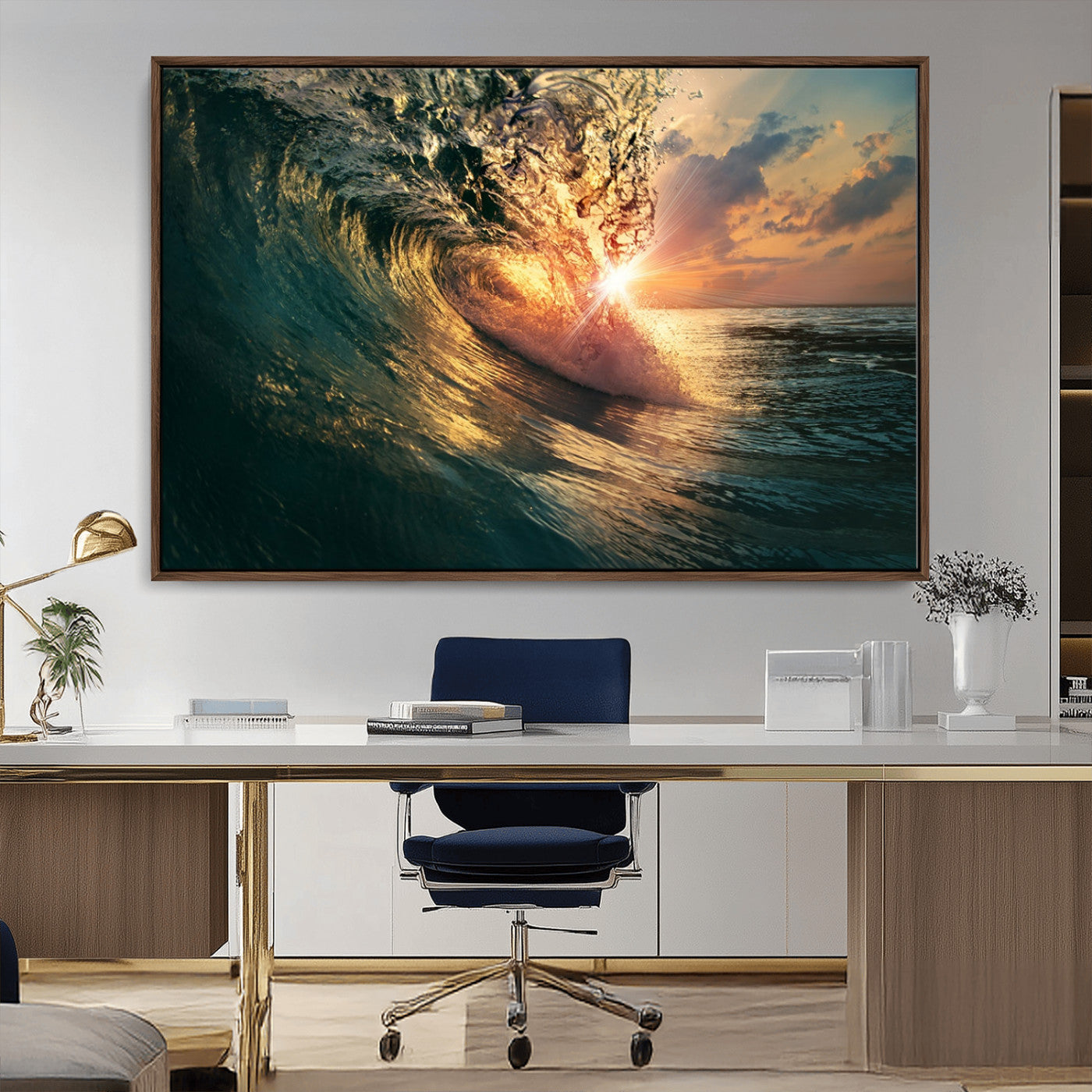 MGV-FC-36X24 - Ocean Wave Sunset Canvas Wall Art – Triptych Seascape Print – Framed and Ready to Hang for Living Room or Office