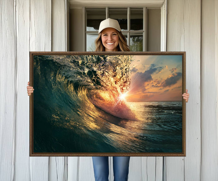 A triptych seascape titled Ocean Wave Sunset Canvas, featuring a stunning ocean view at sunset, is beautifully framed and ready to hang.