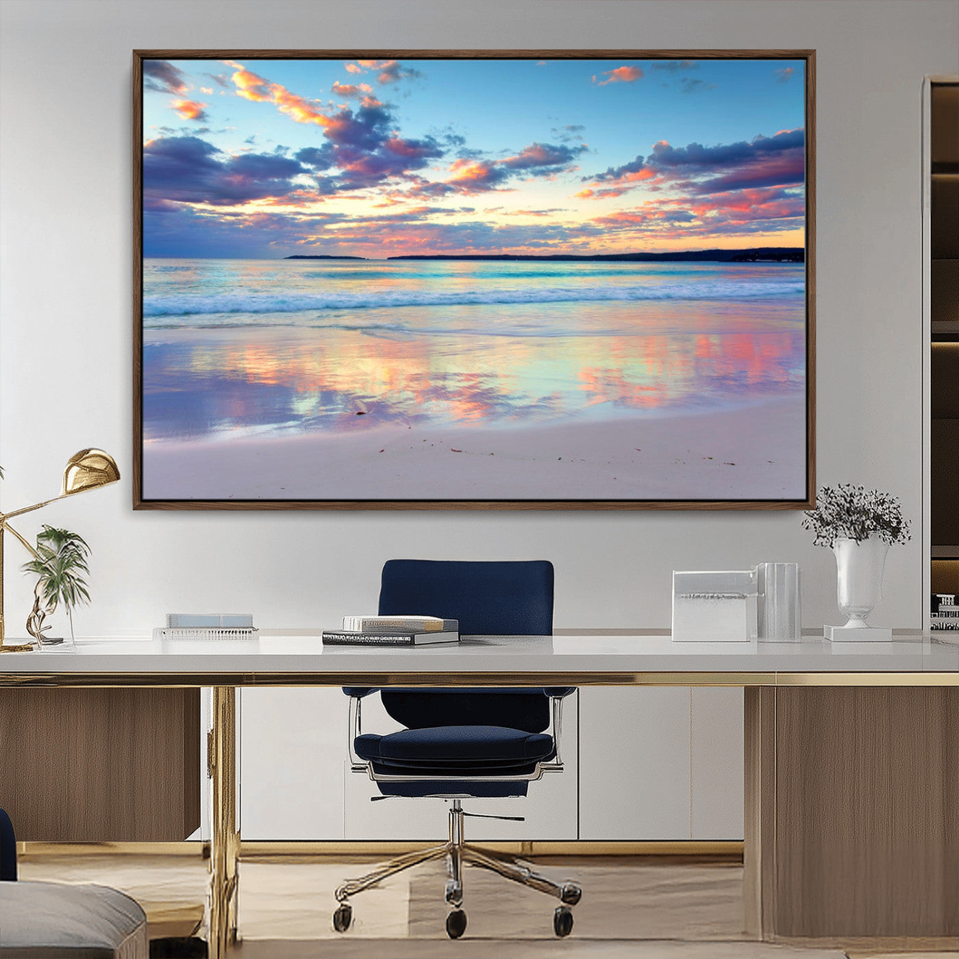 MGV-FC-36X24 - Tranquil Pastel Sunset Beach Triptych Canvas Art, Soothing Coastal Ocean Shoreline Giclee Print, Beach Reflections Wall Decor for Serene Spaces