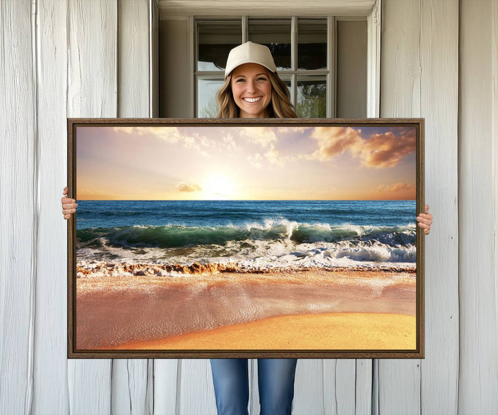 The wall features a Canon-quality Serene Beach Path canvas giclee print, depicting coastal dunes.