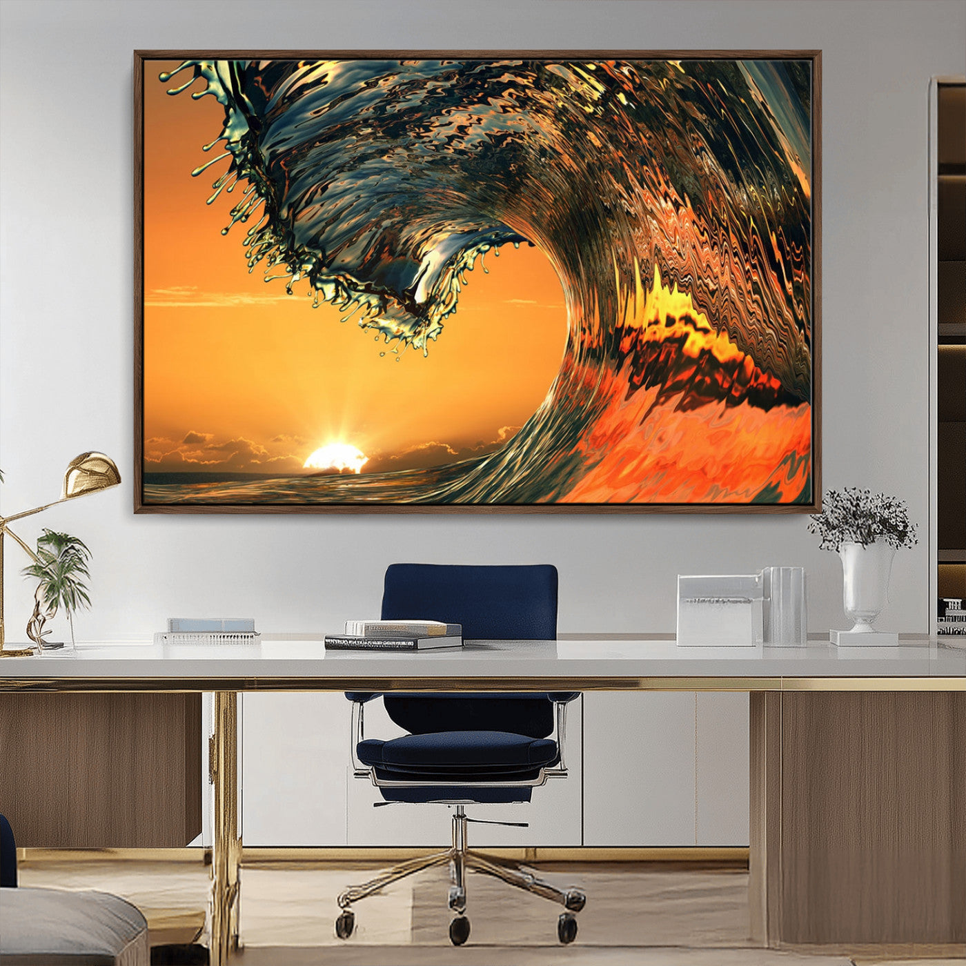 -Surf Wave Sunset Canvas Wall Art Print, 3-Panel Ocean Coastal Wall Art Print, Ocean Decor for