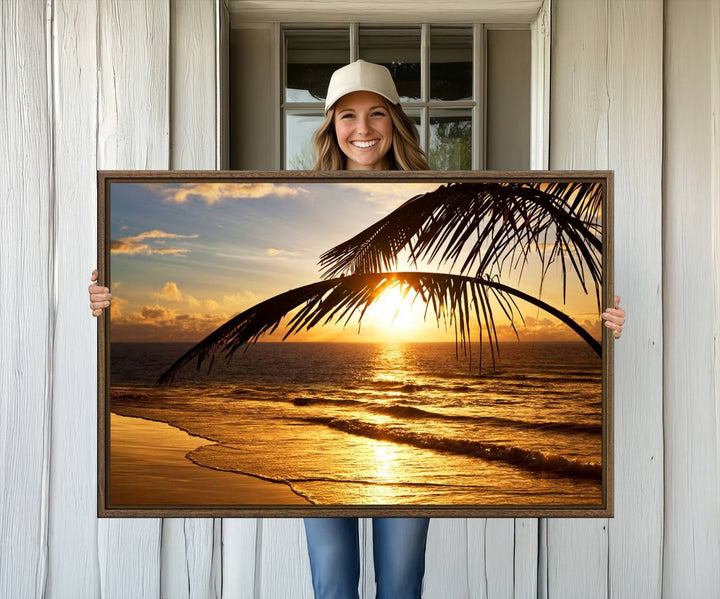 Golden Tropical Beach Sunset Canvas Triptych: Coastal Palm Art & Giclee Print with Gallery Wrap, capturing golden waves.