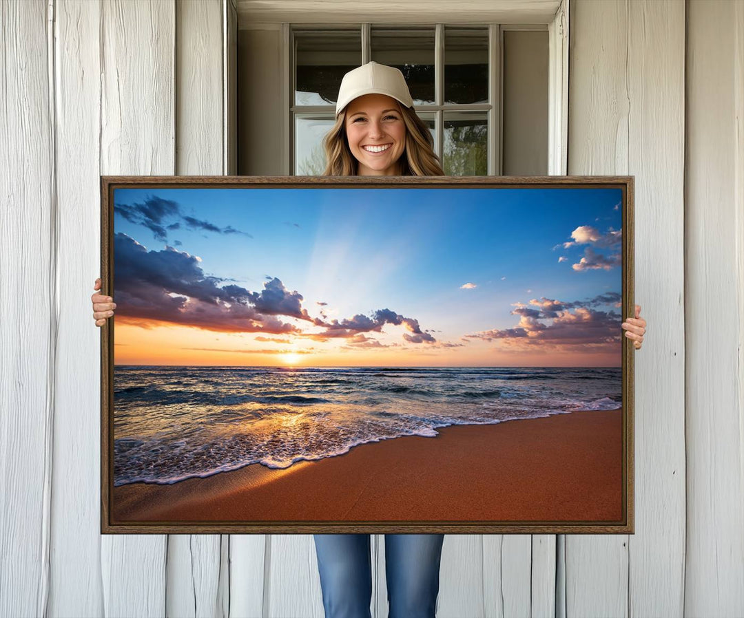 The living room showcases a Serene Ocean Sunset Canvas Print.