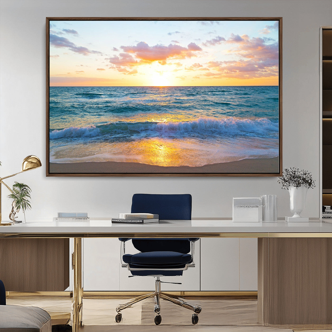 MGV-FC-36X24 - Ocean Sunset Triptych Canvas Wall Art, Giclee Beach Sunset Print with Gentle Waves, Coastal Art for Relaxation Spaces