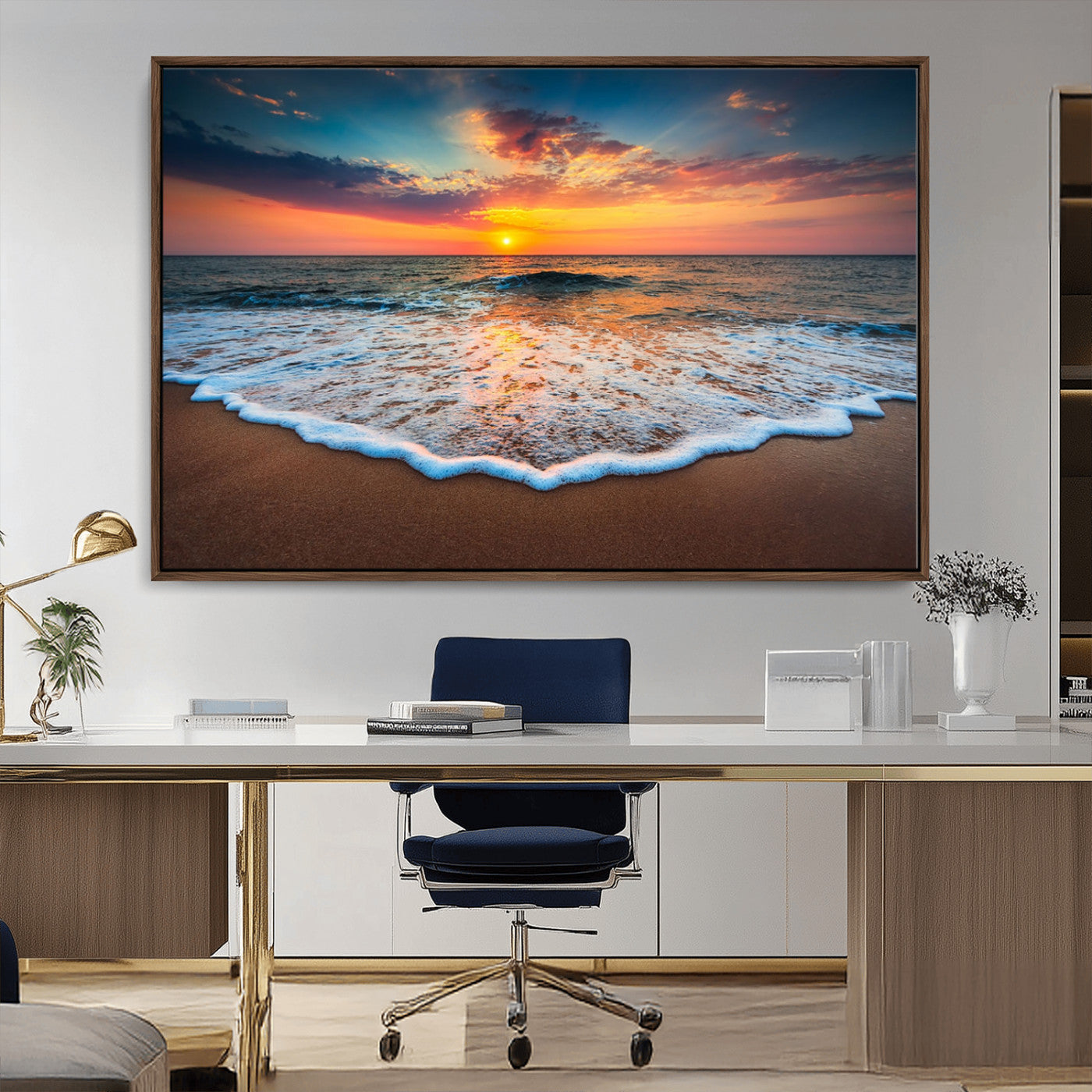 MGV-FC-36X24 - Sunset Beach Canvas Wall Art – Colorful Ocean Waves Triptych – Coastal Decor for Living Room or Bedroom – Framed and Ready to Hang
