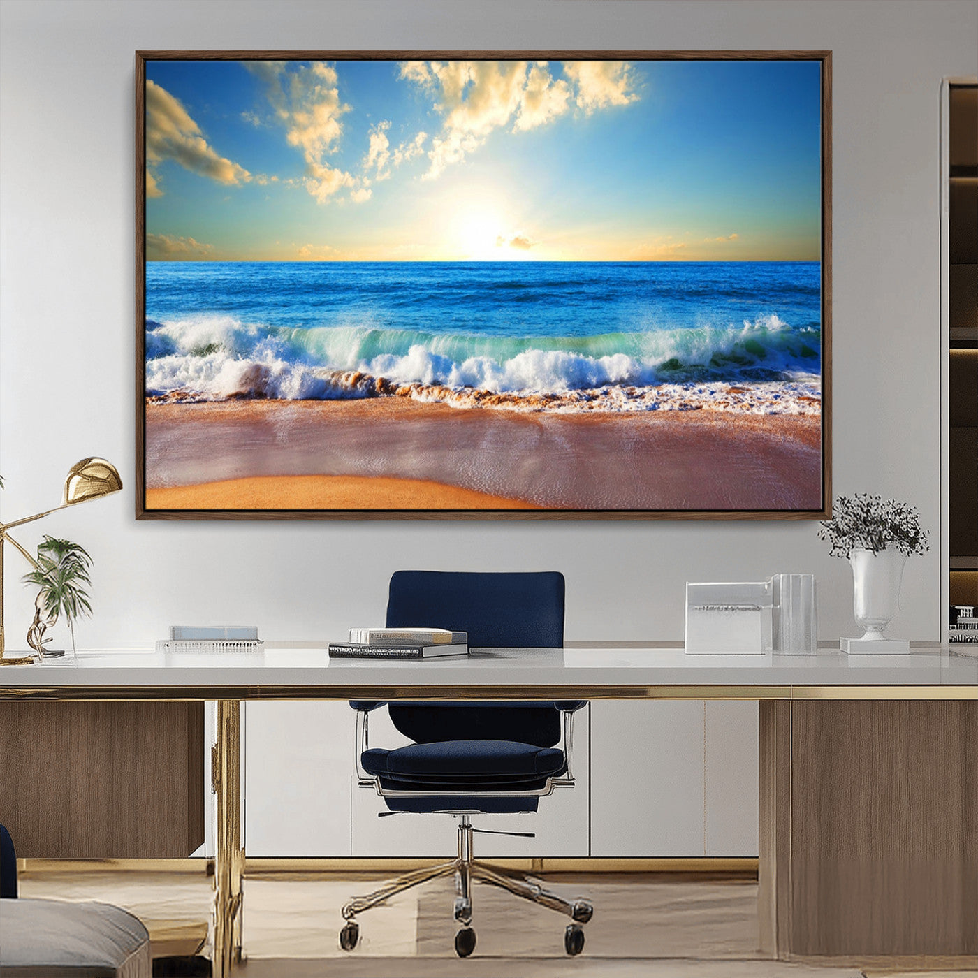 MGV-FC-36X24 - Tropical Beach Sunset Canvas Art, Ocean Waves and Sandy Shoreline Wall Art, Large Beach Decor for Coastal Homes