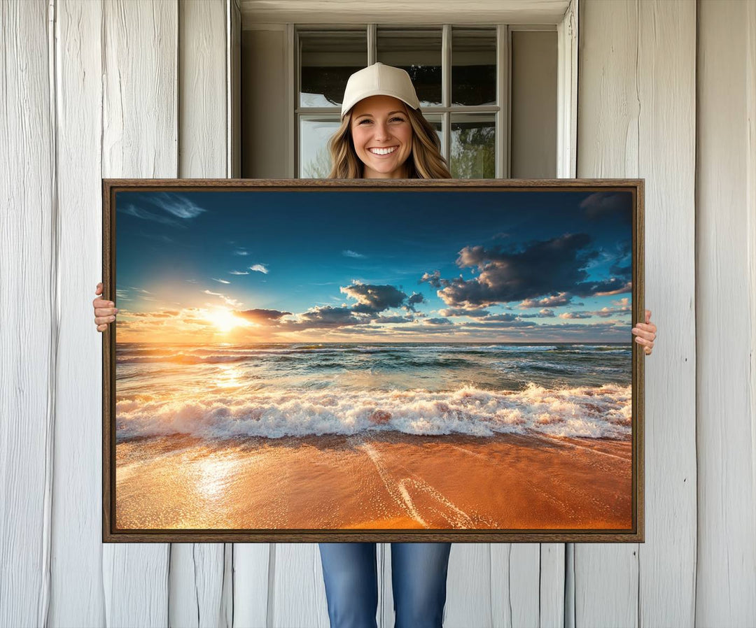 A Golden Sunset Beach Triptych Canvas Art hangs on a white wall.