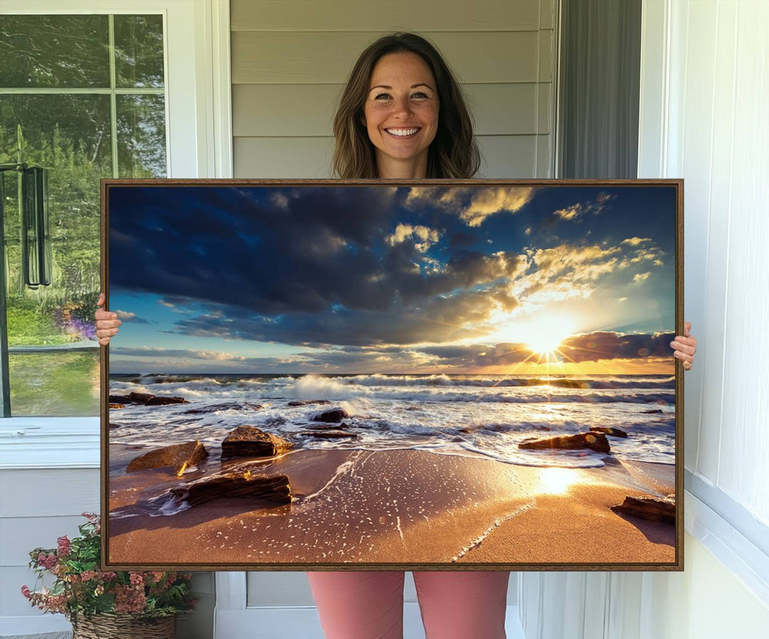 The Golden Hour Beach Sunset triptych adorns the wall with its captivating imagery.