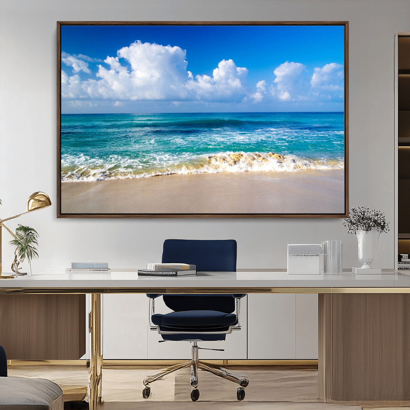 MGV-FC-36X24 - Tropical Beach 3-Panel Canvas Wall Art – Serene Ocean Waves and Blue Sky – Giclée Print for Living Room, Office, or Bedroom Coastal Decor