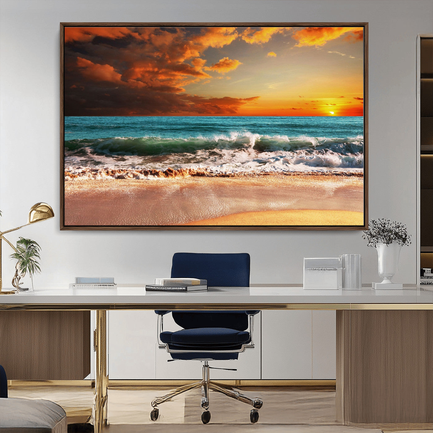 MGV-FC-36X24 - Golden Sunset Beach Canvas Wall Art – Triptych Seascape Print – Framed and Ready to Hang for Living Room or Office