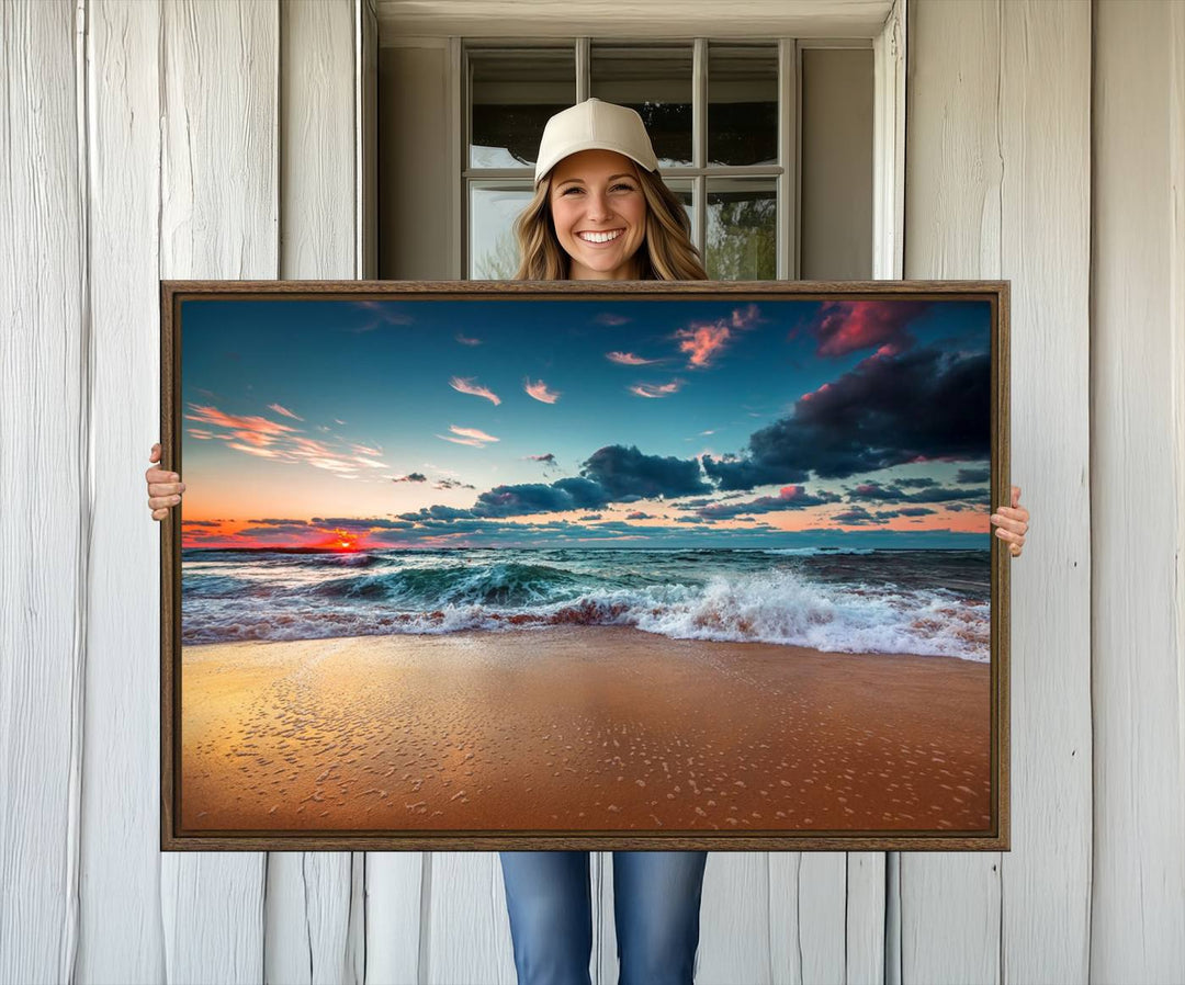 A large 3-panel sunset ocean beach canvas is displayed above the counter.