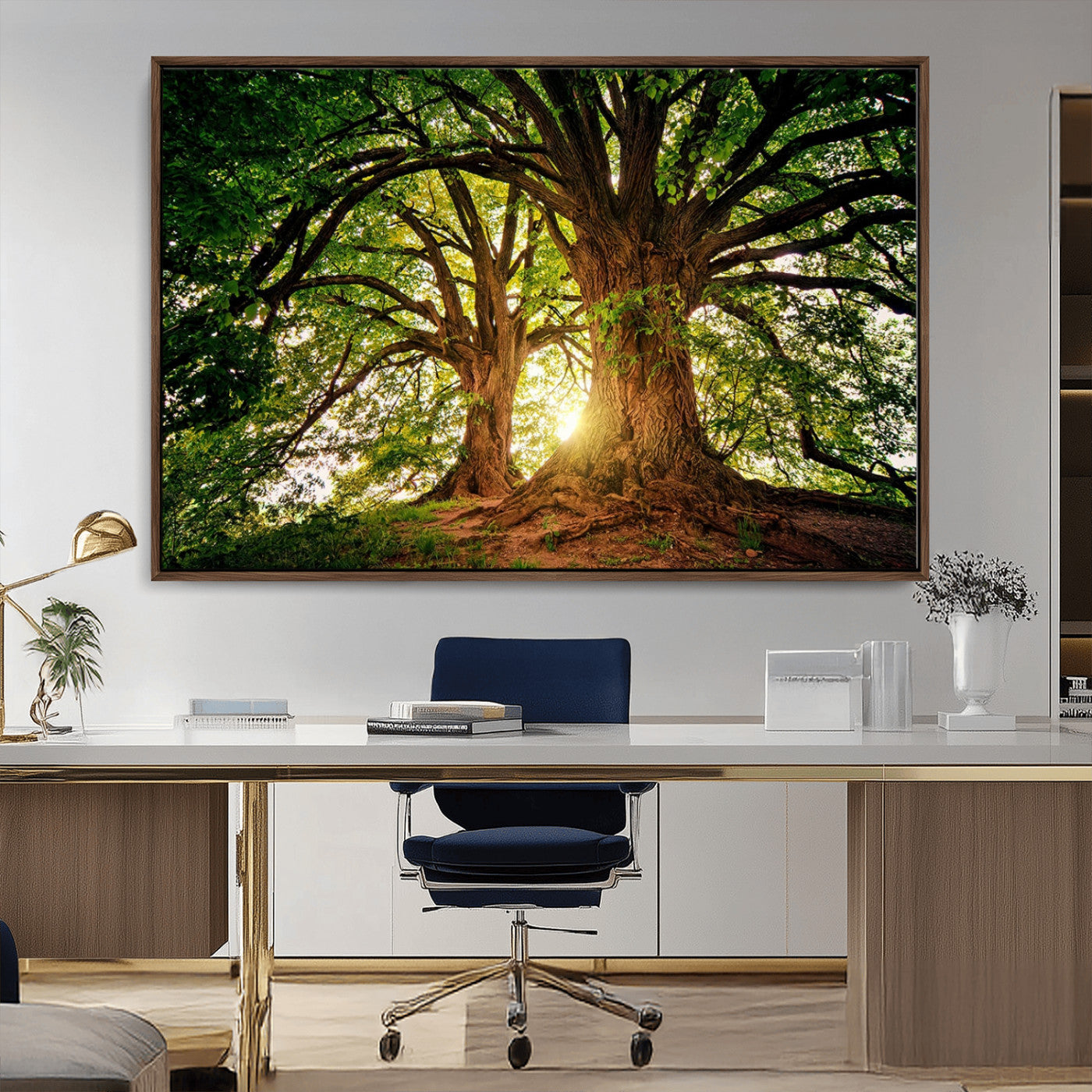 MGV-FC-36X24 - Majestic Ancient Tree Wall Art, Nature-Inspired Canvas Print, Woodland Art, Tree of Life Artwork, Sunlit Forest, Giclee Nature Print