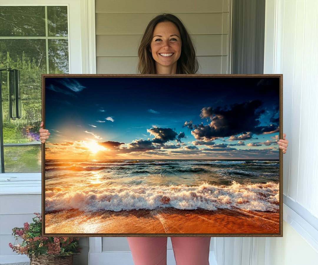 Golden Hour Sunset Over Ocean Waves Canvas: 3-Panel Coastal Landscape Art with Stunning Beach Photography Print.