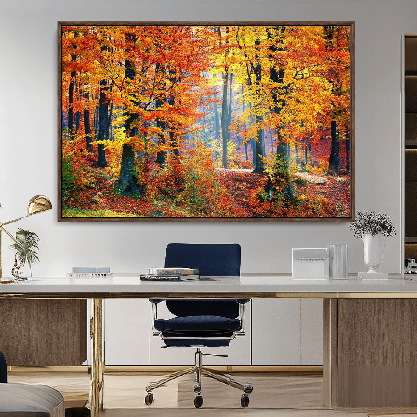 MGV-FC-36X24 - Autumn Red Forest Triptych Canvas Wall Art Print, Forest Wall Decor, Fall Landscape Art | Season Nature Landscape for Home or Office