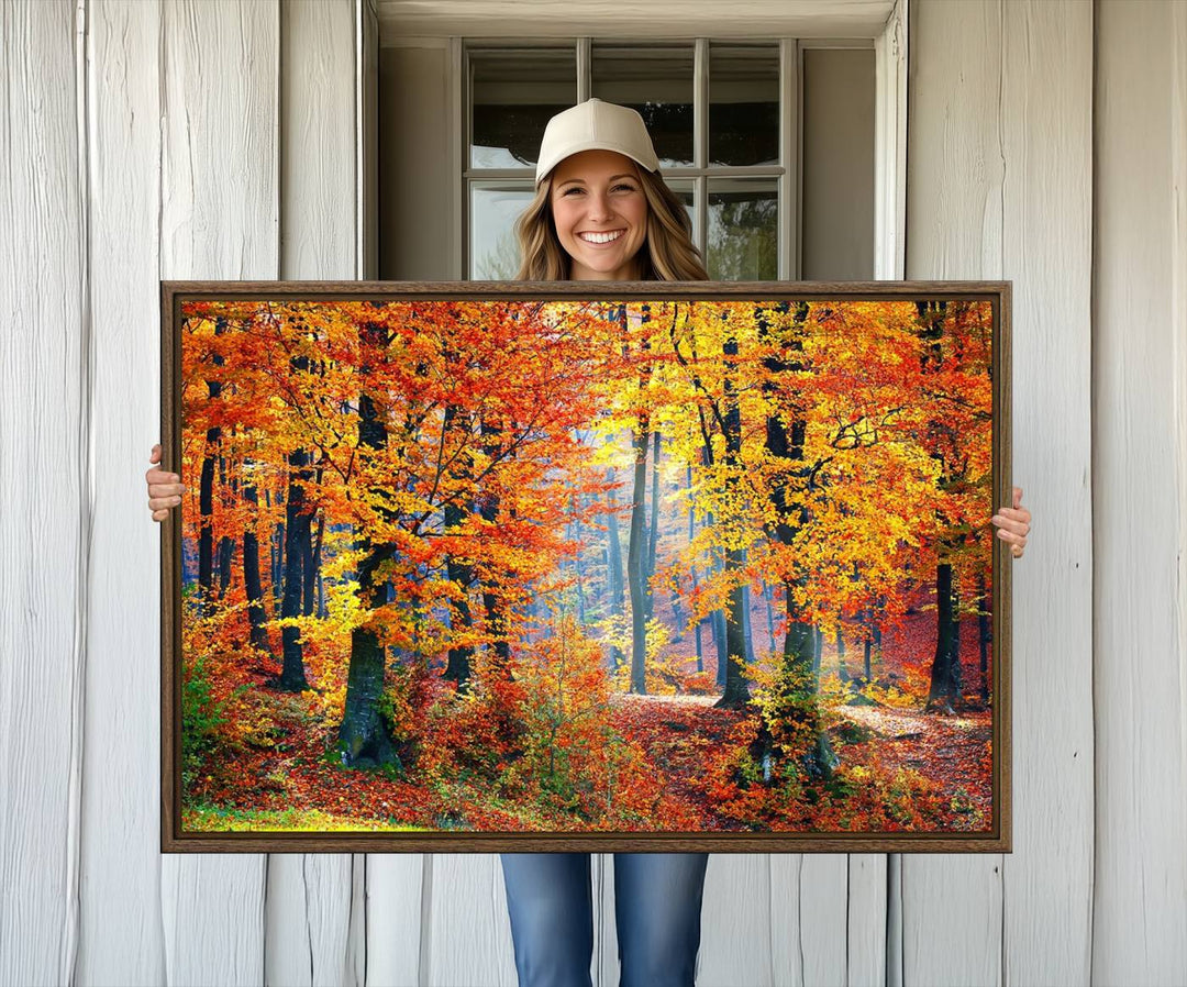 The room features an Autumn Red Forest Triptych Canvas Wall Art.