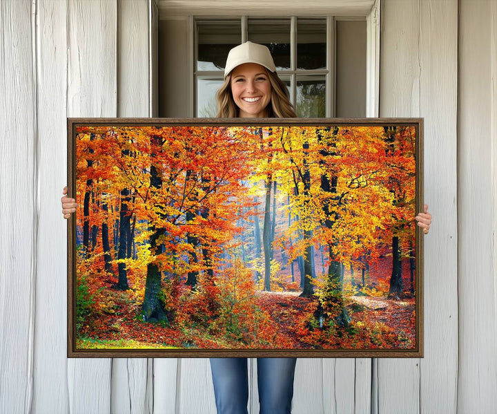 The room features an Autumn Red Forest Triptych Canvas Wall Art.