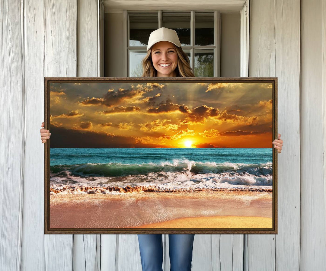 Golden Sunset Beach Canvas Triptych adorns the cozy room, creating a stunning focal point.